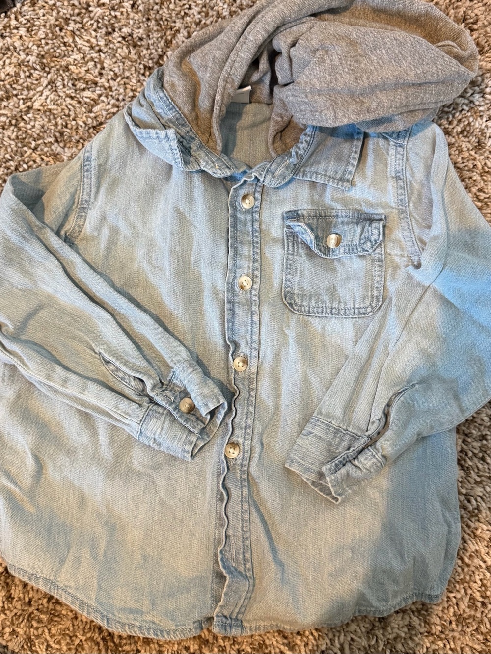 Old Navy Light Blue Denim Button-Front Shirt with Gray Hood